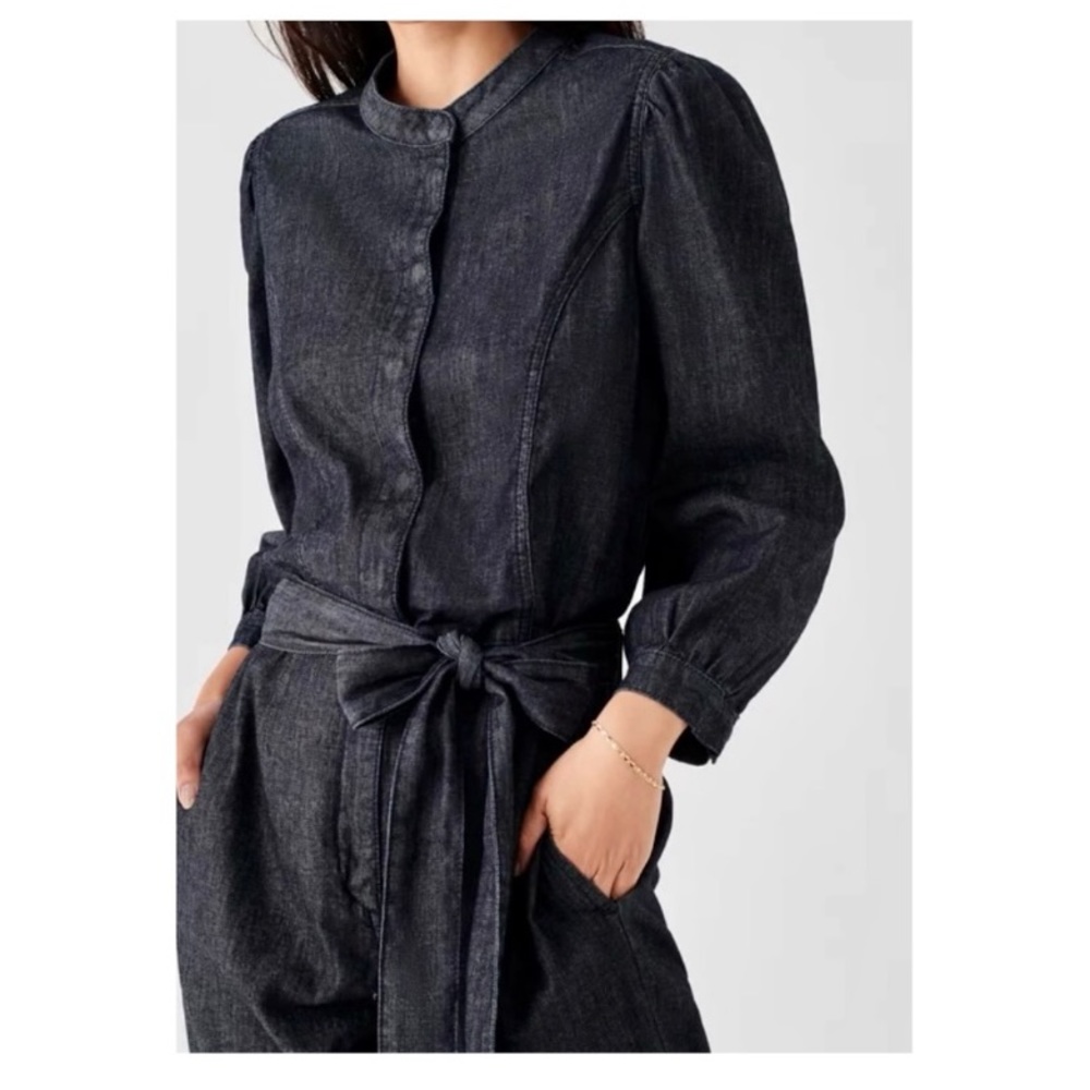Faherty Puff Sleeve Belted Denim Jumpsuit